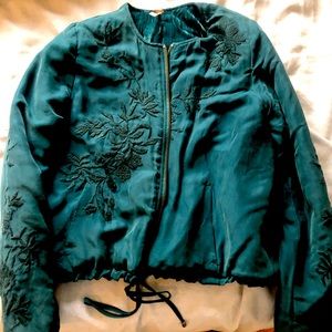 Turquoise Free People Jacket XS - embroidered flowers with velvet inside